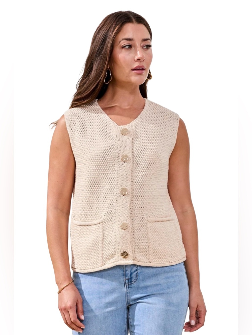 NWT Tribal Coco Cream Tape Yarn Sweater Vest Gold Buttons size XL